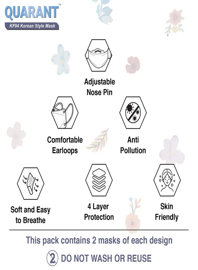 QUARANT Dual Meltblown Fabric KF94 Korean Style Designer Face Mask with Nose Clip and Travel Pouch (Floral Bliss Combo, Multicolour, Pack of 10) for Unisex - Image 3